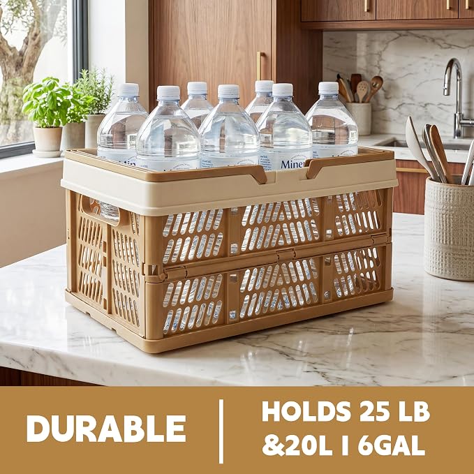 VALESKA Collapsible Crate 20L, Foldable Plastic Milk Crates for Storage, 15inch Collapsible Shopping Basket with Handles,Car Trunk Basket,for Kitchen（Brown）