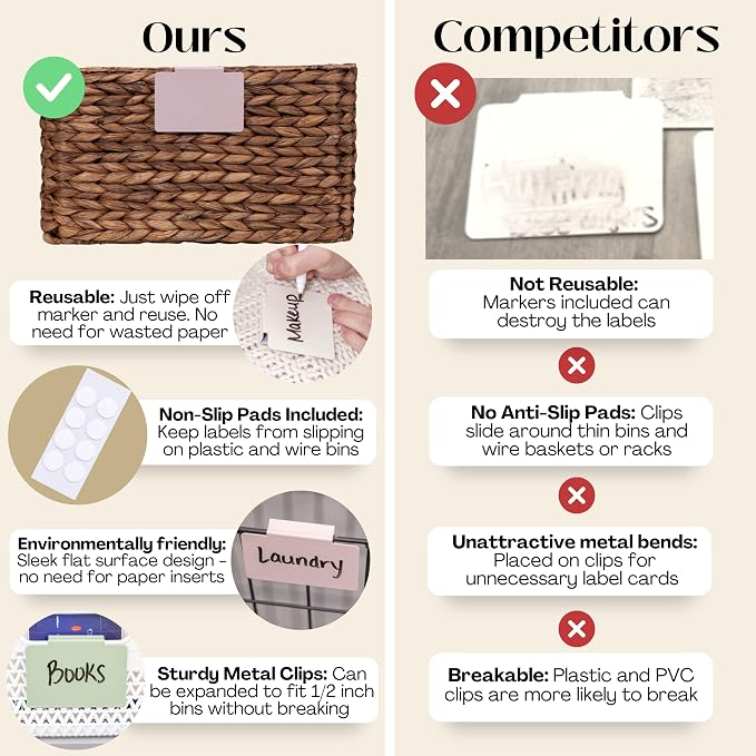 Hygge & Sage: Metal Non-Slip Basket Labels Clip On for Storage Bins, or Wire Racks | Includes 8 Labels, 8 Non-Slip Pads and 2 Free Markers (Pink)