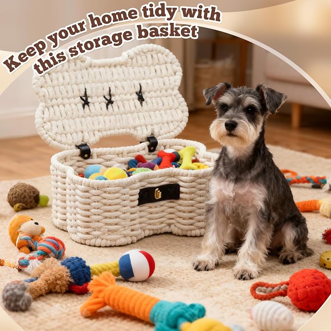 Dog Toys Basket, Cotton Rope Bin Bone Shaped Pet Toys Organizer, Handmade Pet Toy Bin, Woven Baskets for Storage, 14.96" x 11.22" x 6.5"inch