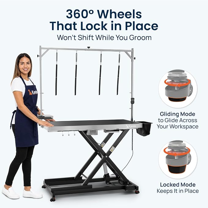 Professional Electric Dog Grooming Table - Heavy Duty | Height Adjustable Pet Grooming Table w/Leveling Wheels, Dog Grooming Arm, Anti-Slip Tabletop & Tool Organizer (Black, 49")