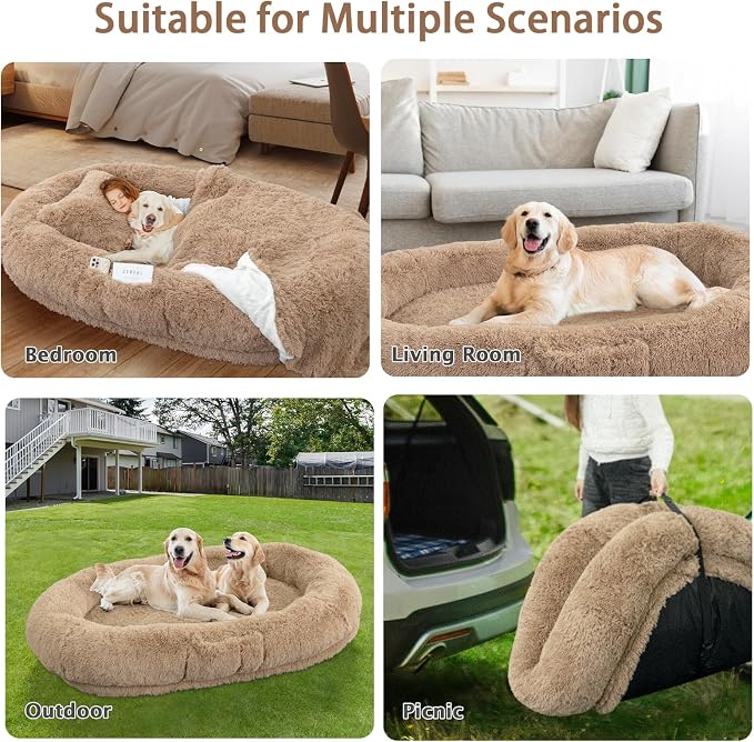 ROOMTEC Human Dog Bed, 71''x45''x12'' Size Fits Adult and Pet Washable Giant People Bed 10 CM Thick Memory Foam Large Oversize Pet Bed with Plump Pillow, Blanket, Strap - Khaki