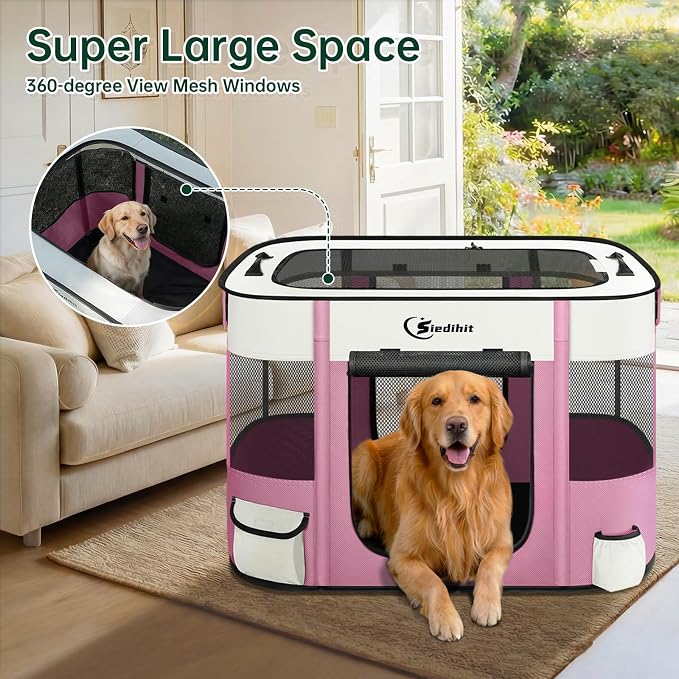 Siedihit 35" Dog Playpen,Cat Puppy Pen, Pet Portable Crate Indoor Outdoor | Durable Travel Camping Use,Foldable Dog Kennel Tent Cage for Rabbit Small Animals with Carrying Case(Pink, Large)