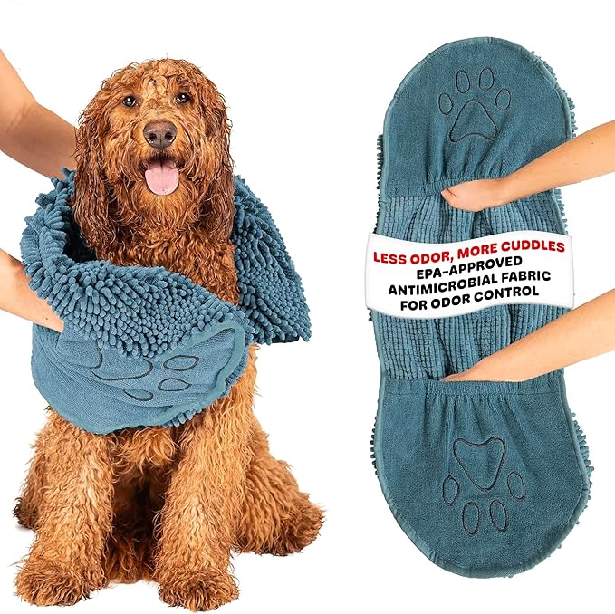 Dog Gone Smart The Dirty Dog Shammy - Antimicrobial Microfiber Dog Towel for Odor Control, Fast-Drying Plush, Dual Hand Pockets & Elastic, Super Absorbent, Machine Washable, 31 x 13 in, Pacific Blue