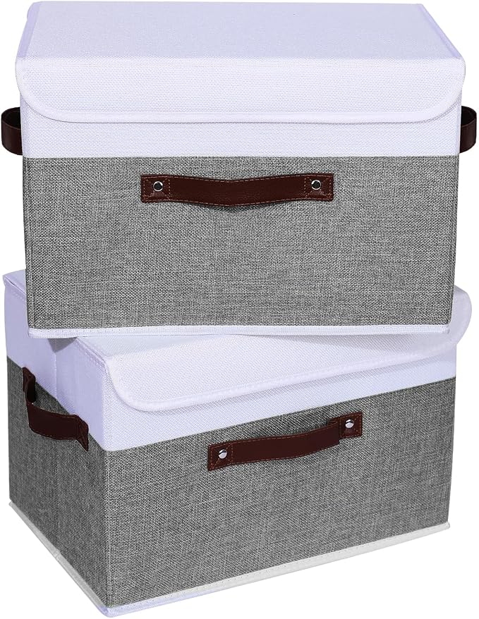 ANMINY Fabric Storage Box Bins with Lids, Gray White, 15"x10"x10", 4 Pack | Keepsake Memory Storage, Cotton Linen, PP Board Reinforced, Washable, PU Handles, Foldable & Stackable, Decorative, Large