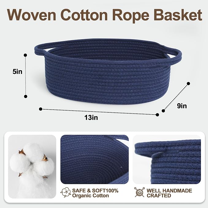 Small Baskets for Gifts Empty, 13"x 9"x 5" Woven Gift Basket with Bag and Ribbon, Cotton Rope Kids Dog Cat Toy Bin Box, Cute Baby Nursery Organizer, Decorative Storage with Handles,Dark Blue