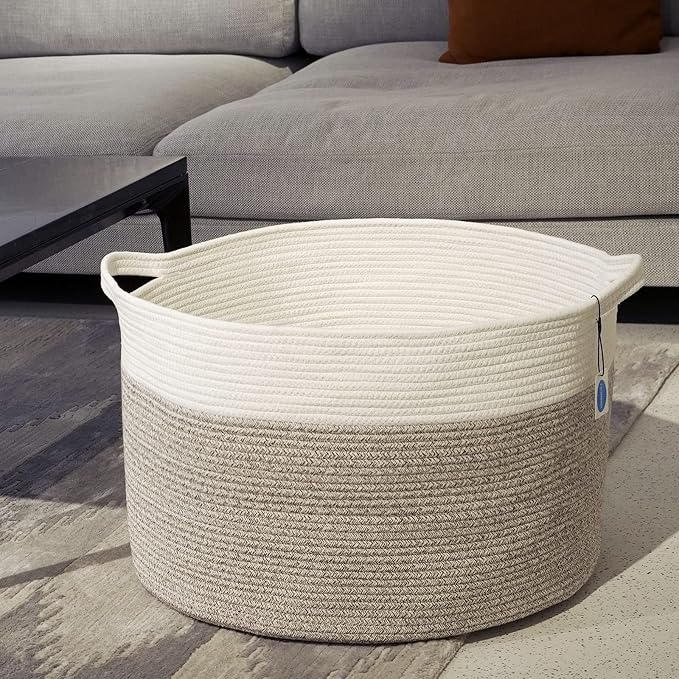 Casaphoria XXXLarge Cotton Rope Basket for Living Room - Woven Storage Basket with Handle for Blankets, Towels and Pillows Laundry Hamper | Cream white and Brown (22" x 22" x 14")
