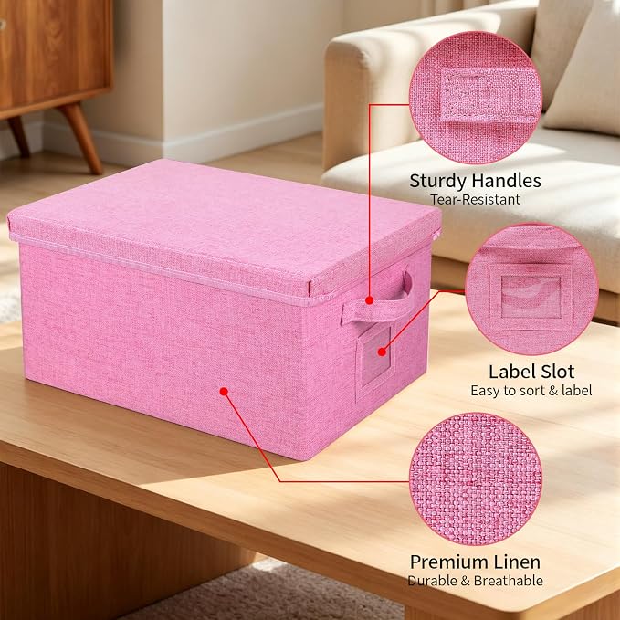 Storage Bins With Lids Closet Organizer Cabinet Box For Clothes,Toys,Shelf | 2 Pack, 17"X 12"X 2", Collapsible, Stackable, Dustproof, Built-In Handle, Label Slot, Linen Fabric, Cardboards, Pink