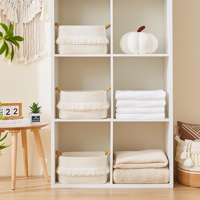 Storage Basket, Woven Baskets for Shelves, White Basket | 3 Pack Boho Cotton Rope Storage Baskets, 14" x 9" x 8", Home Organizer for Nursery, Holds Toys, Books & Towels