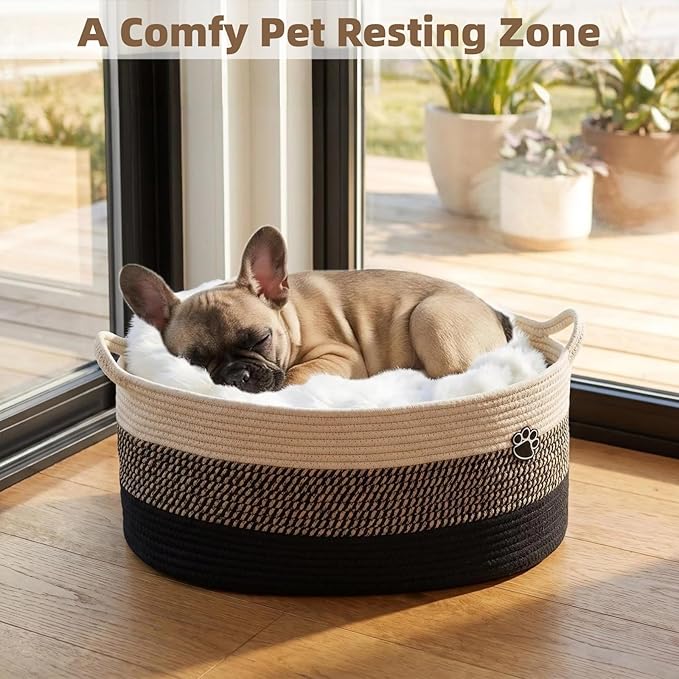 Optish 40L Extra Large Dog Toy Basket, XL Toy Storage Box and Bin with Handles, 20" x 14" x 9" Woven Cotton Rope Foldable Basket for Blankets, Living Room, Bedroom, Home Decor, Black & Brown