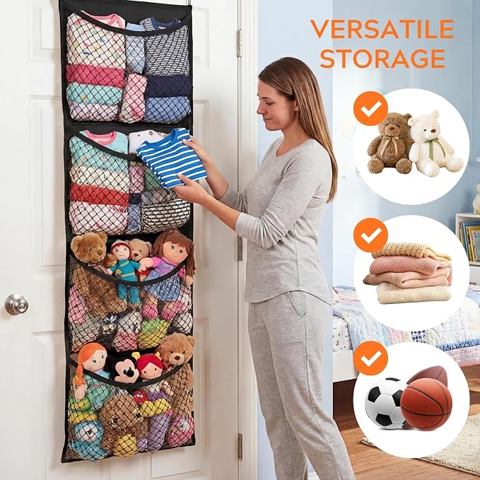 Over The Door Stuffed Animal Storage, Cotton Toy Organizer for Storage Plush Toys, Stuffed Animal Holder with 4 Large Pockets, Hanging Door Organizer for Nursery, Bedroom (Black)