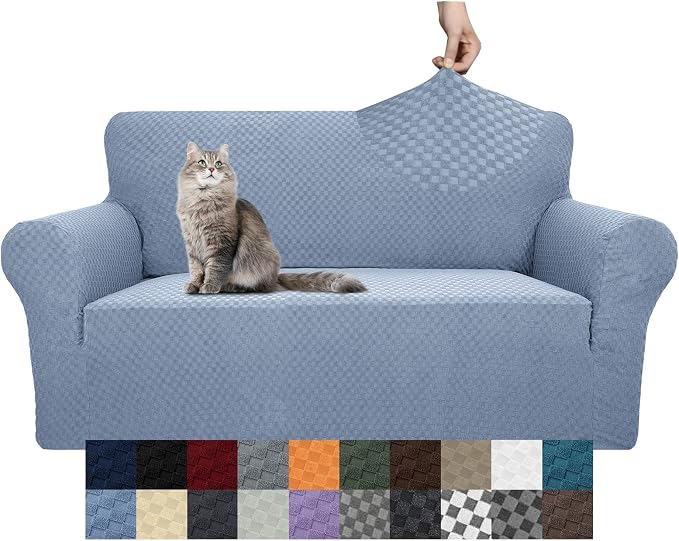 YEMYHOM Couch Cover Latest Jacquard Design High Stretch Sofa Covers for 2 Cushion Couch, Pet Dog Cat Proof Loveseat Slipcover Non Slip Magic Elastic Furniture Protector (Medium, Light Blue)
