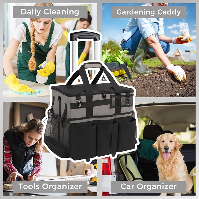 SCAVATA Rolling Cleaning Caddy Bag with Detachable Trolley, Large Cleaning Supplies Organizer with Wheels, Multi-Pocket Cleaning Cart with Adjustable Shoulder Strap for Housekeepers (WarmGrey)