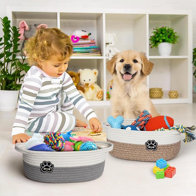Small Dog Toy Basket, Soft Cotton Rope Dog Cat Toy Bin, Woven Storage Basket for Living Room Nursery, Cats Pet Gift Basket Empty, Decorative Wicker Storage Box with Handle, 13"x 9"x 5"