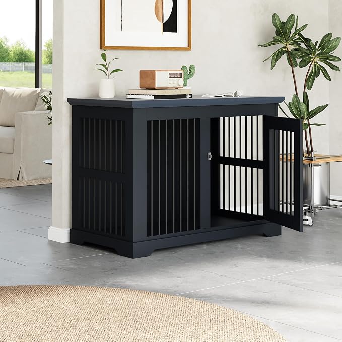 44" Wooden Dog Crate Furniture,Large Kennel Pet Cage End Table for Indoor | for XXL XL Medium Dogs, Grey, Fits Living Room Bedroom, Heavy Duty Steel Frame with Lock 100 lbs Cap, 100 lbs Top.