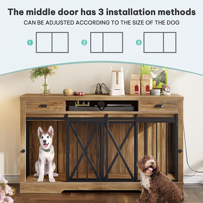 YITAHOME 63" Double Dog Crate TV Stand with Charging Station for 2 Dogs | Heavy Duty Wooden Cage, Dog Kennel Indoor Furniture Double Sliding Barn Door Design Ideal for 2 Dogs, Oak