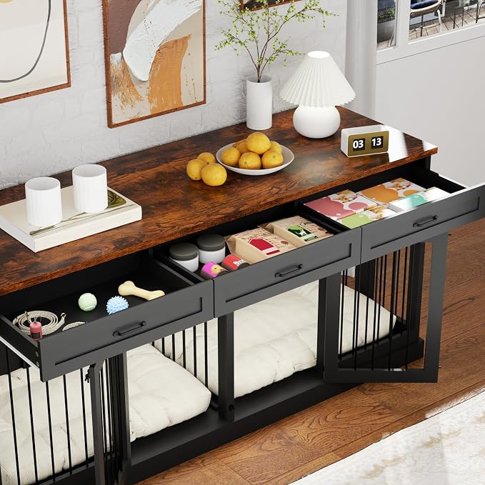 70.9 inches Double Dog Crate Furniture with 3 Drawers for Large Medium Dogs