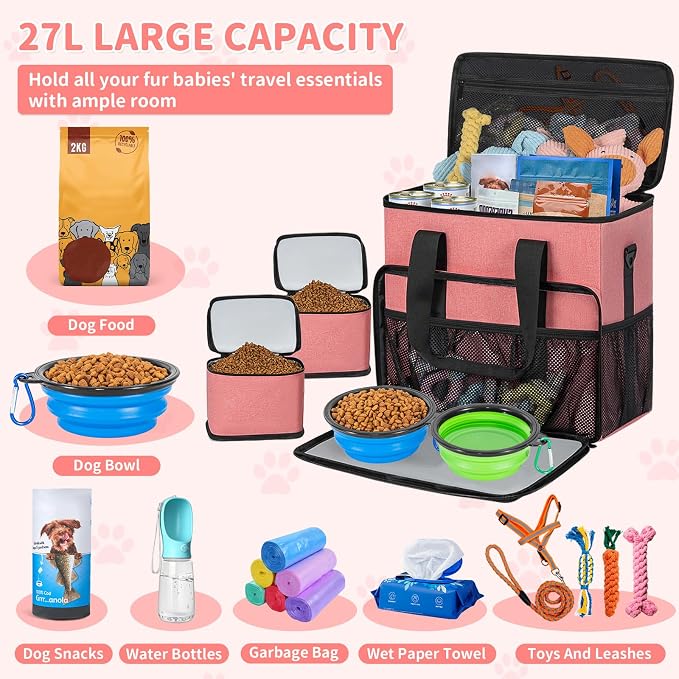 TORIBIO Large Dog Travel Bag for Supplies with Food Bowl | With 2 Food Container and Collapsible Bowls, Mat & Divider, Water-resistant, Pet Travel Kit for Weekend, Road Trips, Camping