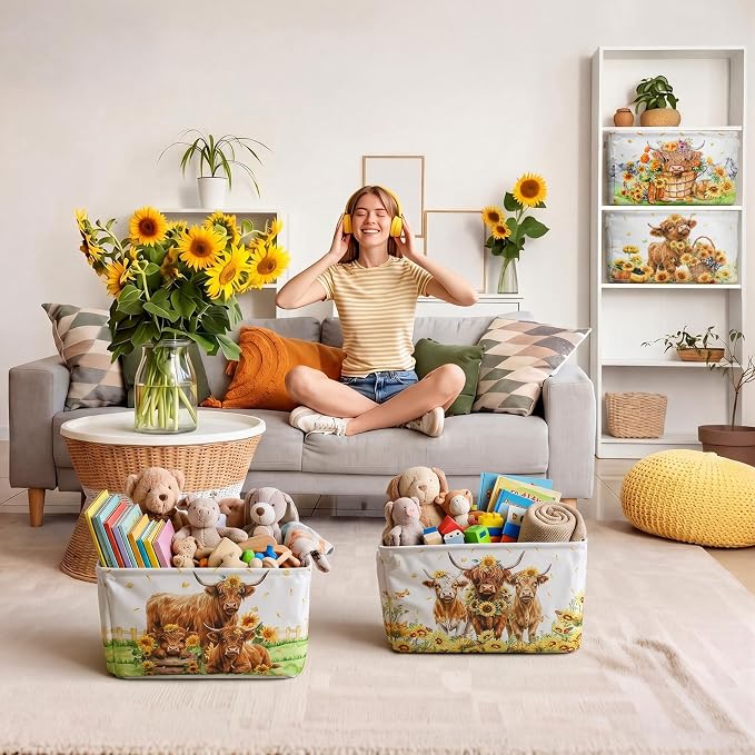 4 Pcs Highland Cow Storage Bin Collapsible Western Cow Themed Fabric Storage Basket with Handle American Country Style Organizer for Home Bathroom Bedrooms Baby Clothes Toys Books