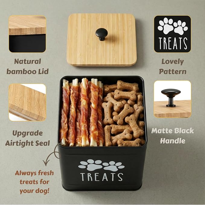 PERFNIQUE Dog Treat Container, Airtight Dog Treat Jar, Dog Cookie Jar for kitchen Counter, Pet Treat Container, Dog Food Storage, Treat Jars for Pets, Cat Treat Container, 7.8''x6.2 (Black)