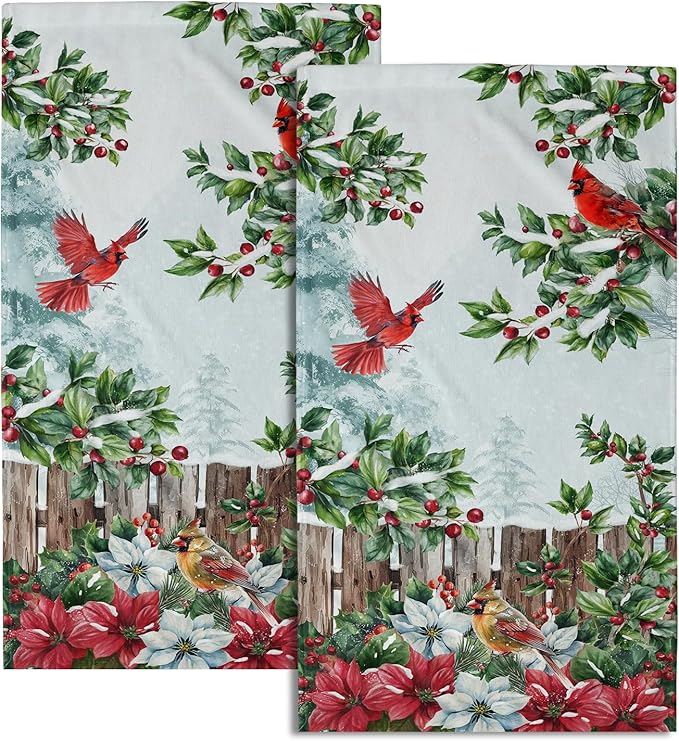 Giwawa Red Bird Towel- Xmas Holly Berries Watercolor Poinsettia Hand Face Towels- Winter Trees Red White Floral Soft Microfiber Dish Towel for Bathroom Guest Gym Seasonal New Year Decor