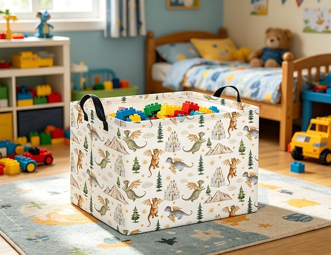 Rectangular Kids Basket Baby Girl Basket Fabric Storage Bin Organizer Box Room Decor(Castle Dinosaur)