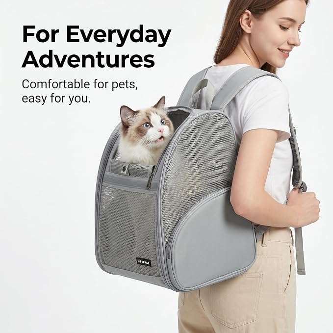 Cat Backpack Carrier for Small Dogs and Medium cat Puppy Kitten Bunny Pet Carrier Backpack Collapsible with Fully Ventilated Mesh with Safety Leash (Gray, 12.9" L x 10.62" W x 15.5" H - M)