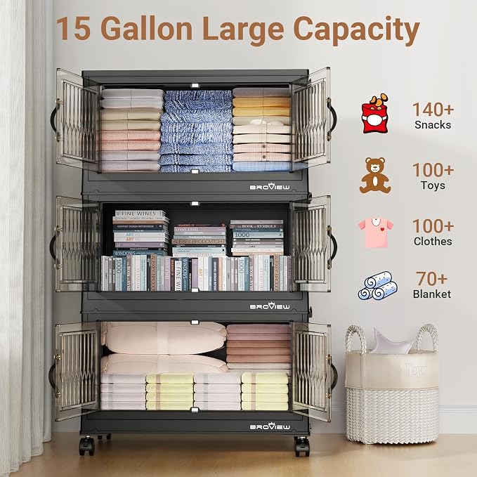 BROVIEW 300Qt Stackable Storage Bins with Lid for Home Dorm, 5Pack Black | Closet Organizers, Foldable & Collapsible Cabinets, Large Containers, Wheels & Magnetic Doors, Plastic Drawers for School