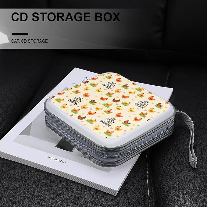 DVD Storage Binder for 40 Discs Life Is Better With Chicken Rooster, Hard Shell Protective Wallet with Handle, Portable CD Organizer for Car Travel