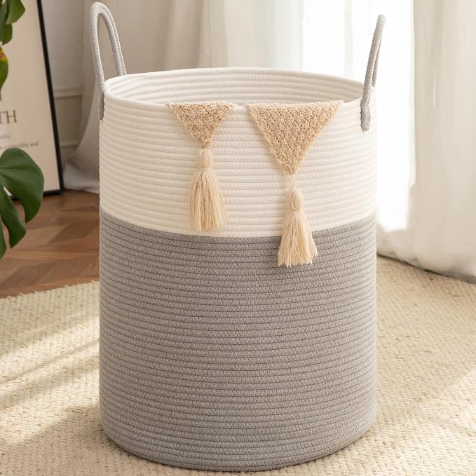OIAHOMY 80L Nursery Hamper Laundry Basket Laundry Hamper Grey/White | collapsible Blanket Basket Cotton Rope Woven Basket Dirty Clothes Hamper Baby Hamper Tall Clothes Hamper with Handles