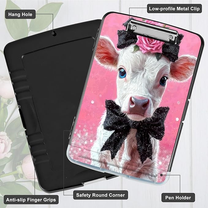 A4 Clipboard with Storage Pen Holder, Clipboards Organizer Nursing Clipboard Foldable File Folder Plastic Clipboard Folio Clip Board for Office Work Classroom Doctor, Pink Flower White Cow