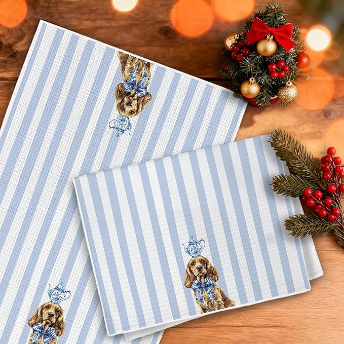 Blue and White Chinoiserie Cocker Spaniel Kitchen Towels, Cocker Spaniel Gifts Dish Tea Towels, Coquette Bow Cute Dog Striped Decorative Hand Towel for Bathroom, 16x24 Inch
