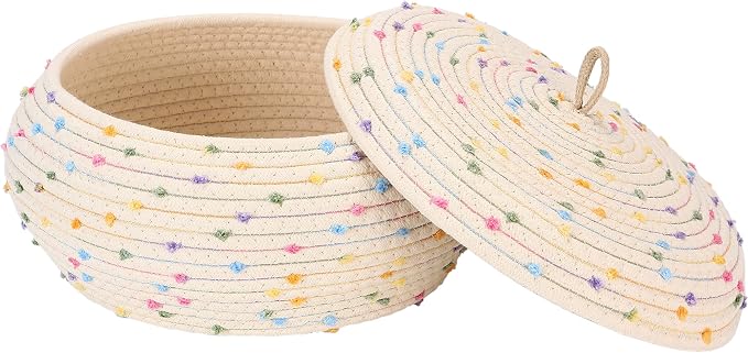 Sea Team Round Woven Cotton Rope Storage Basket with Lid, Rainbow | Decorative Colorful Pompom Knitted Storage Bin, Pot, Caddy, Organizer, Container for Snacks, Towels, Plants, 13 x 5.5 Inches