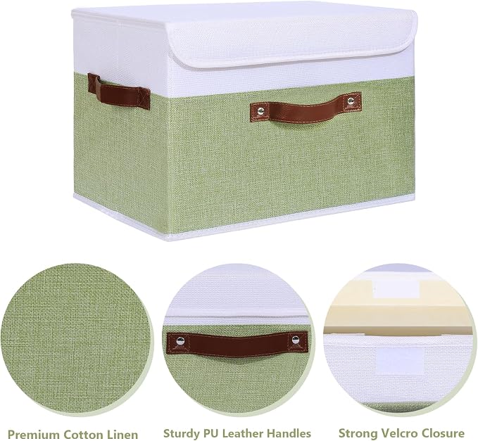 ANMINY Fabric Storage Box Bins with Lids, Green White, 15"x10"x10", 4 Pack | Keepsake Memory Storage, Cotton Linen, PP Board Reinforced, Washable, PU Handles, Foldable & Stackable, Decorative, Large