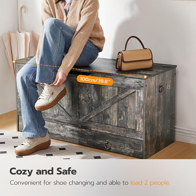 HOOBRO Storage Chest, 39.3" Toy Chest with Drawer, Wooden Storage Bench, Sturdy Entryway Bench Supports 220 lb, Shoe Bench, Safety Hinge, U-Shaped Opening, Easy Assembly, Vintage Gray VP710CW01G2