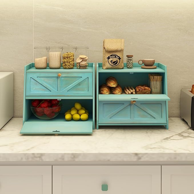 Trironsun Vintage Double Layer Bread Box for Kitchen Counter Bamboo Bread Storage Container Large Capacity Bread Storage Bin (Antique Blue)
