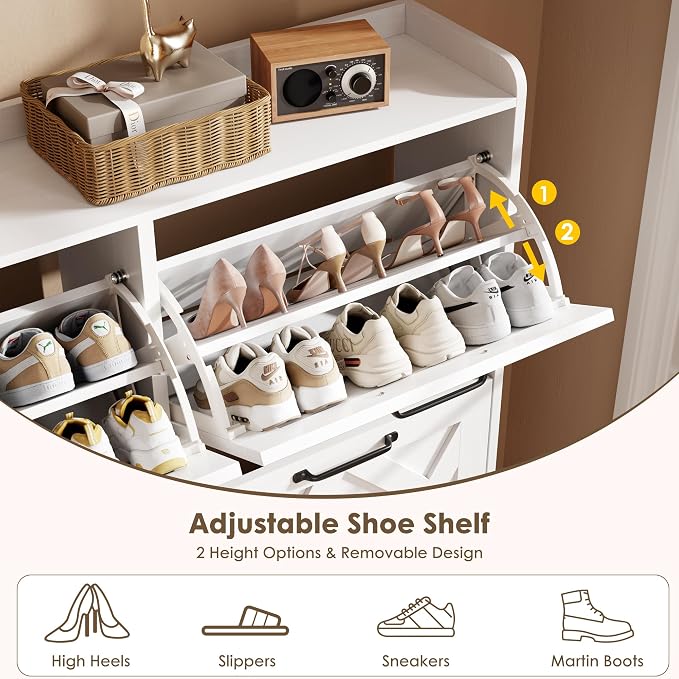 Shoe Cabinet with 4 Flip Drawers, Freestanding Shoe Organizer Cabinet with Metal Legs, Farmhouse Slim Shoe Rack Cabinet for Entryway, Foyer, Hallway, White