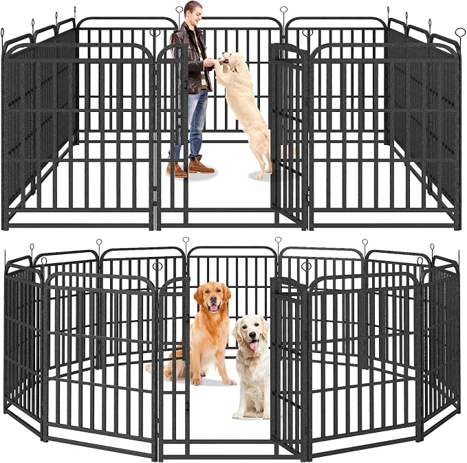 Kfvigoho Heavy Duty Dog Playpen 12 Steel Panels 40" Height | Square Steel Pipe with Reinforced Crossbars, 27FT 57 Sq.ft Portable Dog Fence Outdoor for Yard & RV Camping, Snowy Black