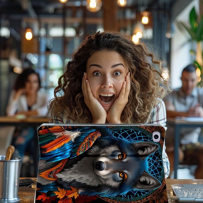 for Microsoft Surface Pro 7 Plus,Surface Pro 7/6/5/4 12.3" Tablet Case,Auto Wake/Sleep,Adjustable Stand Protective Cover - Wolf Dreamcatcher