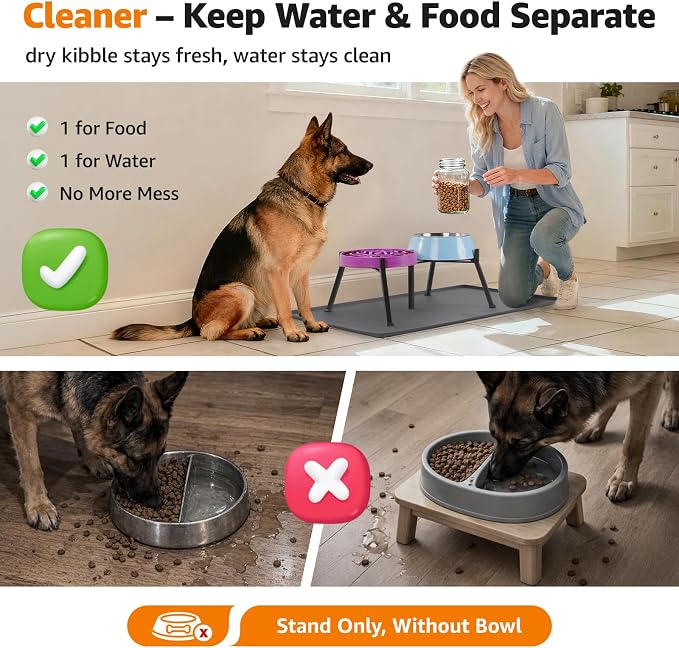 LOOBANI Double Dog Bowl Stand Adjustable 8.2"-11" Width for Large Seniors | Reduces Neck Strain, Non-Slip Rubber Feet, Rust-Proof Stand, Easy Clean, for Senior & Arthritic Dogs