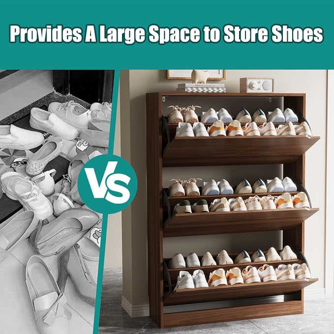 Xixini Shoe Storage Cabinet for Entryway with 3 Flip Drawers, Sturdy Wood Hidden Shoe Storage, Freestanding Narrow Slim Shoe Organizer for Front Door Entrance, Living Room, Hallway, Bedroom, Walnut