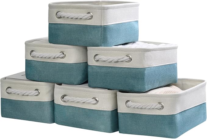 Storage Bins for Shelves - Small 6 Pack 11.8x7.8x5.2 inch Sturdy Storage Basket W/Handles, Decorative Foldable Storage Baskets for Organizing Closet Nursery Toy(White & Green)