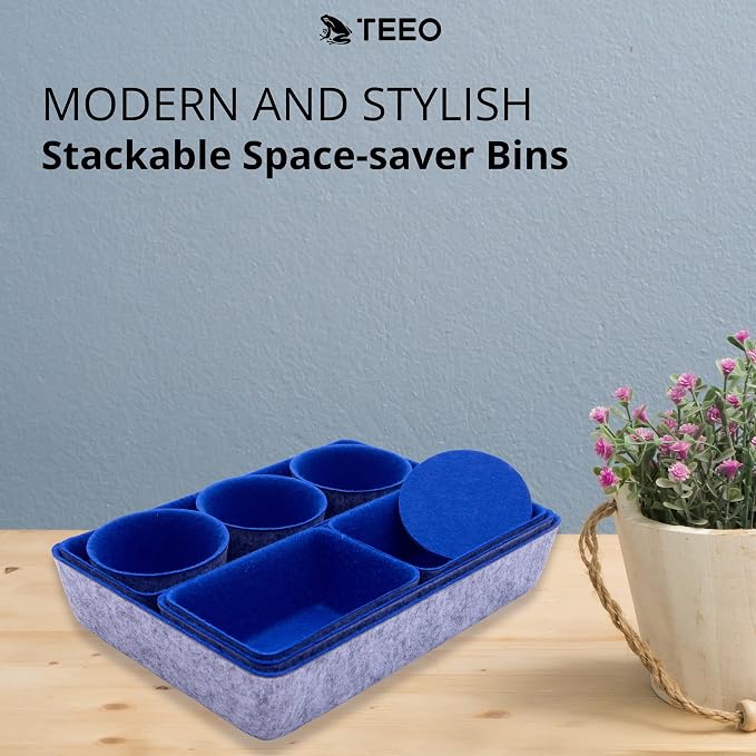 Teeo - Felt Drawer Organizer - Desk Accessories - Office Organization - Kitchen Organizer - Jewelry Tray Makeup Storage Drawer Organizers Home Desk Caddy Cosmetic Bins - Pack of 9, Royal Blue