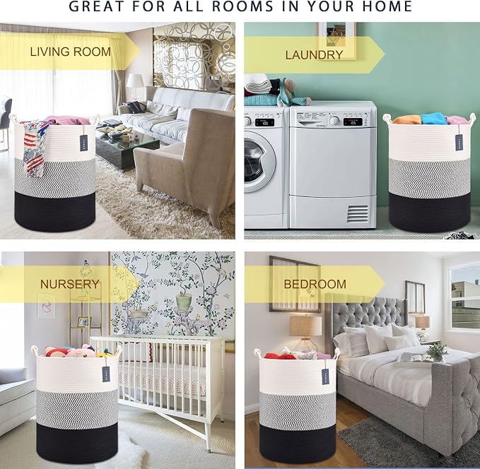 COMSE Tall Woven Blanket & Laundry Basket, 72L, White & Gray & Black | 15.7”x 21.7”, Cotton Rope, Large Nursery Hamper for Storage of Toys Clothes Towels, Great for Living Rooms Bedrooms Bathrooms