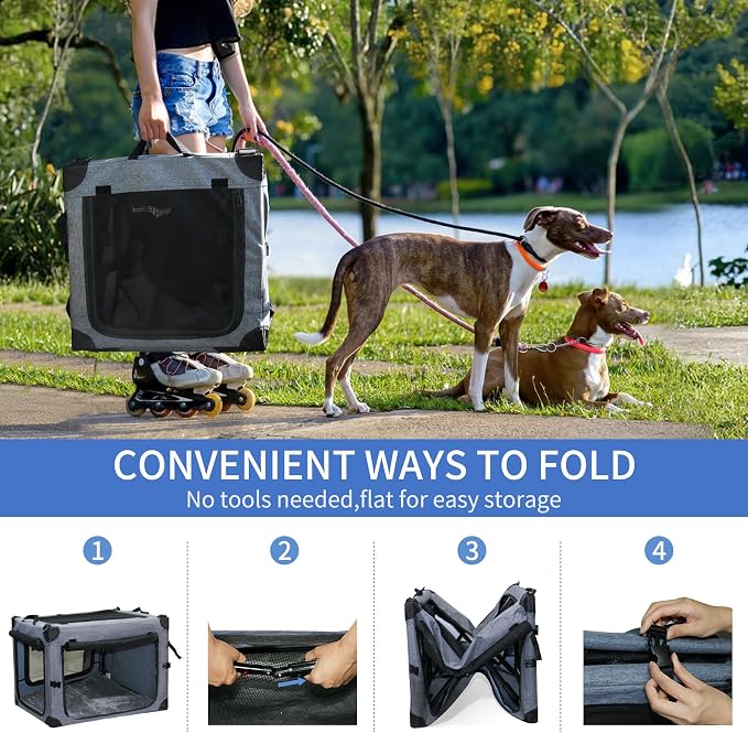 NEZUC Collapsible Dog Crates for Large Dogs Portable Soft Sided Travel Dog Carrier for Indoor & Outdoor, 4-Door Foldable Pet Kennel with Durable Mesh Windows (Gray, 30.0" L x 20" W x 20.0" H)