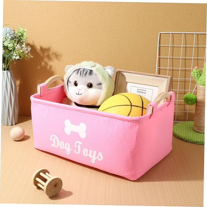 Pink Felt Dog Storage Box with Handles Large Pet Organizer Basket for Home Lightweight and Portable Bin for Dog Clothes Food Convenient Storage for Pet Owners