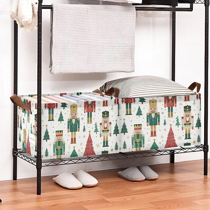 Cartoon Nutcrackers Christmas Storage Basket Foldable Cube Storage Bins with Handles&Label Waterproof Collapsible Organizer Box Bin Large Rectangle Decorative Baskets for Shelves Home Room Laundry