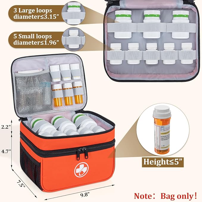 Dual Layers Medicine Organizer, Lockable Travel Pill Bag, Orange | Adjustable dividers for neat pill organization. Durable zippers & portable design suit daily use, travel or first aid kit