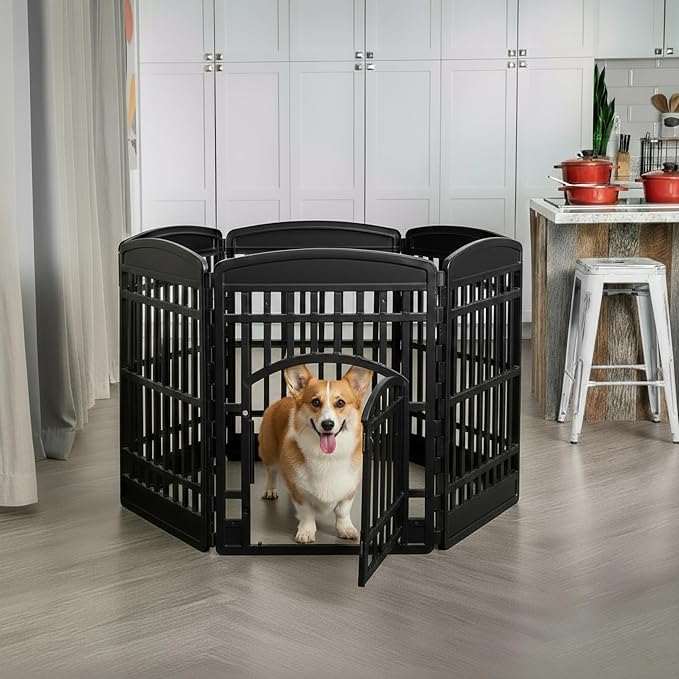 IRIS USA 6-Panel Dog Playpen, Pet Enclosure, Black | Pet Containment, Custom Pen Configuration, Flexible Boundary, Multi-Shape Setup, Tool-Free Assembly, Secure Door Latch