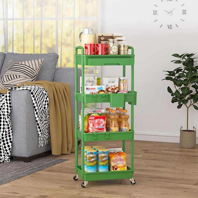 4 Tier Rolling Utility Cart with Drawer, Plastic Storage Organizer Rolling Carts with Wheels Handles Hanging Cups Hooks for Office, Bathroom, Kitchen,Craft Art Room (Green)