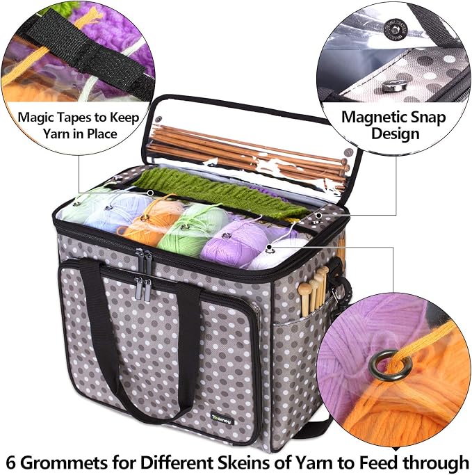 Teamoy Knitting Bag, Yarn Storage Organizer Crochet Bag Tote, Gray Dots | Yarn Holder with Inner Divider(Sewn to Bottom) for Crochet Hook, Knitting Needles(Up to 14"), Project and Crocheting Supplies